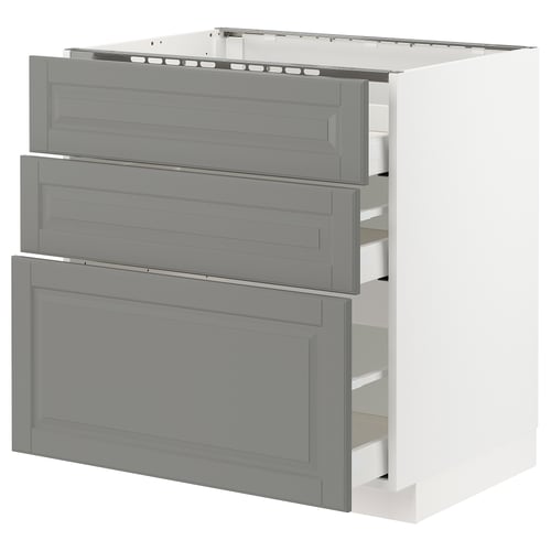 New kitchen unit, called METOD. Soft grey, with 3 drawers. Made of fibreboard and particleboard, rectangular shape. Elegant, traditional design.