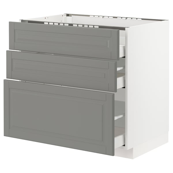 METOD Base cab f hob/3 fronts/3 drawers, white Maximera/Bodbyn grey, 90x60x80 cm