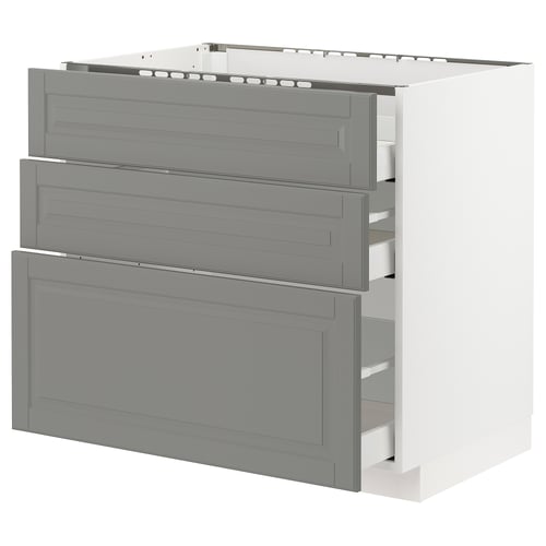 A grey METOD kitchen cabinet with multiple drawers. It a modern design with smooth-running drawers and bevelled edges.