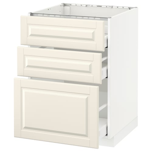 A white METOD kitchen cabinet with three drawers and a door, featuring off-white bodbyn fronts with bevelled edges.
