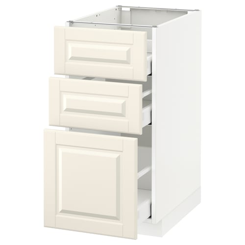 A METOD kitchen cabinet in white with three drawers and one door. It a traditional off-white design with bevelled edges.