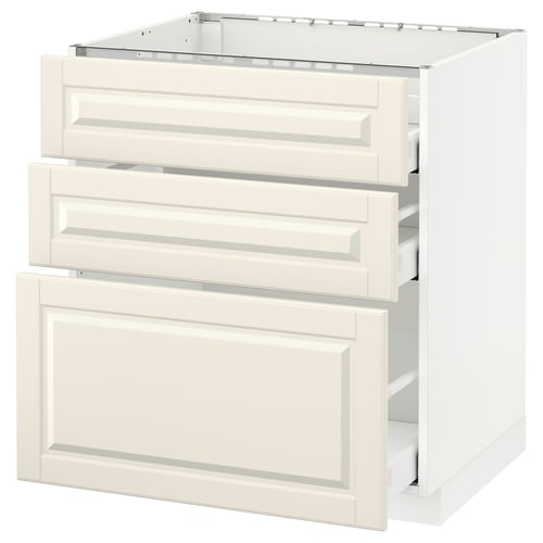 A white METOD kitchen cabinet with three off-white bodbyn drawers and a door. Square, clean design with a traditional feel.