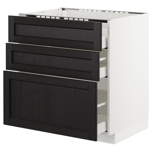 Modern kitchen unit, black-stained wooden drawers, white base, multiple drawers, sleek design.