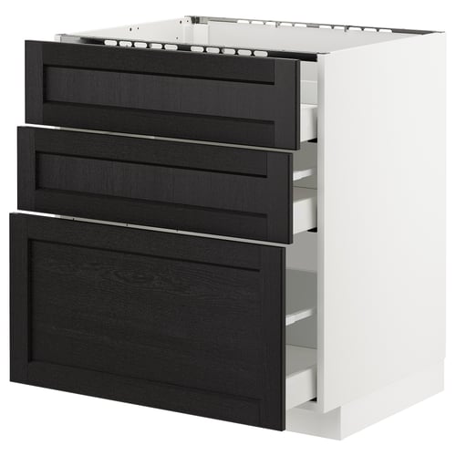 A white METOD kitchen cabinet with three black stained wooden drawers. It a sleek, modern design with bevelled edges and a sturdy frame.