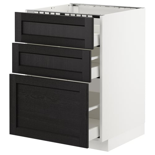 Modern kitchen cabinet with 3 black drawers.