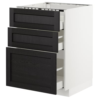 METOD Base cab f hob/3 fronts/3 drawers, white Maximera/Lerhyttan black stained, 60x60x80 cm
