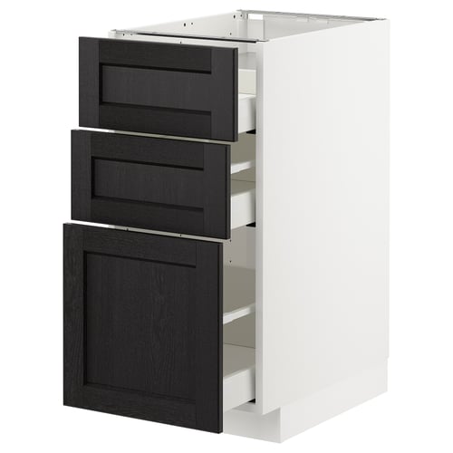 Black ash stained METOD kitchen cabinet with three drawers.