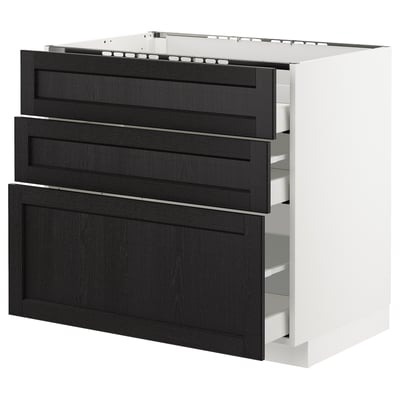 METOD Base cab f hob/3 fronts/3 drawers, white Maximera/Lerhyttan black stained, 90x60x80 cm