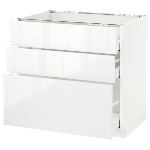 Modern white kitchen cabinet with three drawers and glossy design.