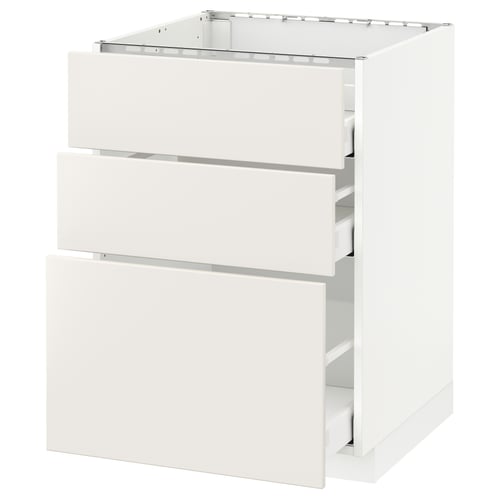 A white METOD kitchen cabinet with three drawers, each featuring smooth, clean lines and full-extension glides for easy access.