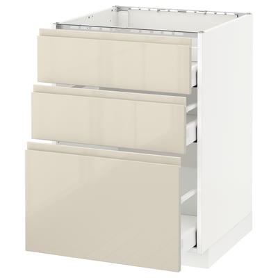 METOD Base cab f hob/3 fronts/3 drawers, white Maximera/Voxtorp high-gloss light beige, 60x60x80 cm