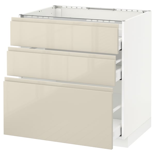 METOD Base cab f hob/3 fronts/3 drawers, white Maximera/Voxtorp high-gloss light beige, 80x60x80 cm