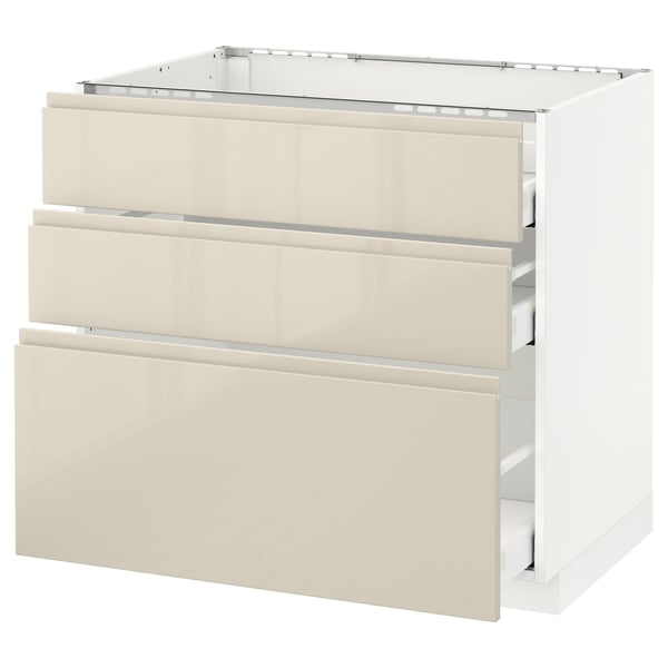 METOD Base cab f hob/3 fronts/3 drawers, white Maximera/Voxtorp high-gloss light beige, 90x60x80 cm