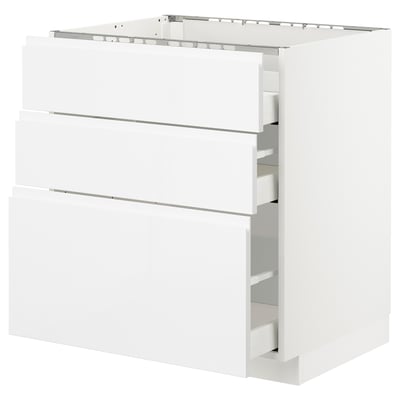 METOD Base cab f hob/3 fronts/3 drawers, white Maximera/Voxtorp high-gloss/white, 75x60x80 cm