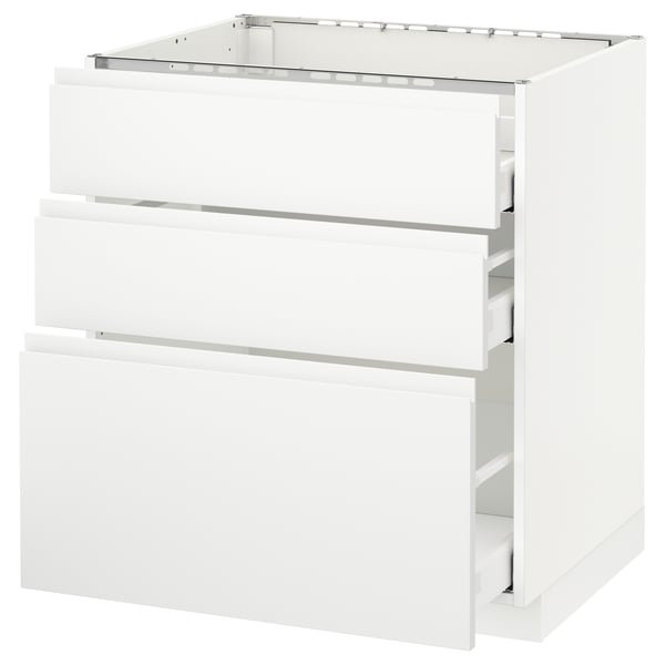 METOD Base cab f hob/3 fronts/3 drawers, white Maximera/Voxtorp matt white, 75x60x80 cm