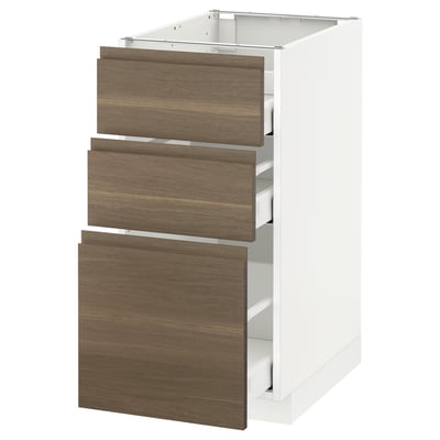 METOD Base cab f hob/3 fronts/3 drawers, white Maximera/Voxtorp walnut, 40x60x80 cm