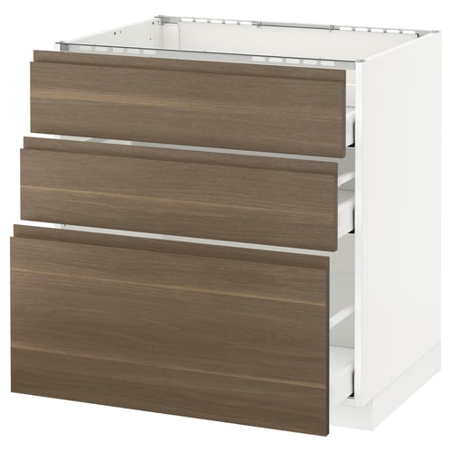 An ikea METOD kitchen cabinet with three wooden drawers in dark walnut. It a minimalist design.