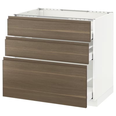 METOD Base cab f hob/3 fronts/3 drawers, white Maximera/Voxtorp walnut, 90x60x80 cm
