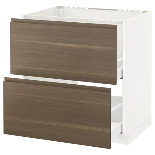 White METOD kitchen cabinet with walnut drawers.