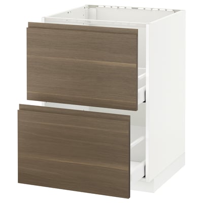 METOD Base cab f sink+2 fronts/2 drawers, white Maximera/Voxtorp walnut, 60x60x80 cm