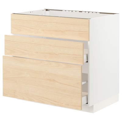 METOD Base cab f sink+3 fronts/2 drawers, white Maximera/Askersund light ash effect, 90x60x80 cm