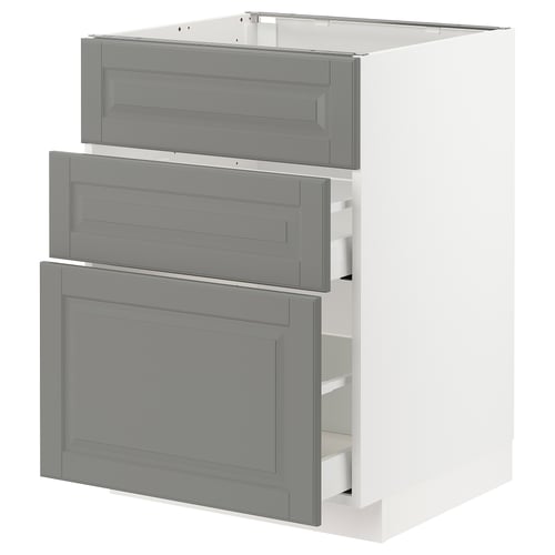 METOD kitchen units in grey with bevelled edges, featuring three drawers and a cabinet.