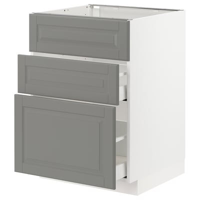 METOD Base cab f sink+3 fronts/2 drawers, white Maximera/Bodbyn grey, 60x60x80 cm