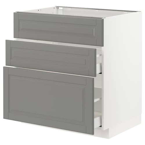 Modern grey kitchen unit with three drawers. White framework, rectangular design.