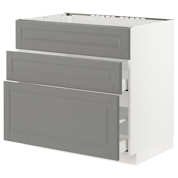 METOD Base cab f sink+3 fronts/2 drawers, white Maximera/Bodbyn grey, 90x60x80 cm