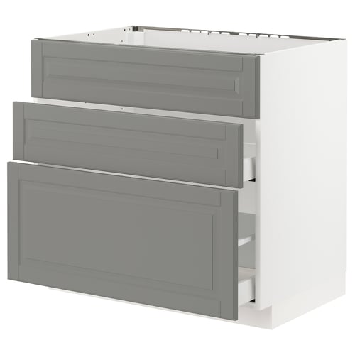 Modern grey kitchen cabinet system with three drawers, sleek design, metal runners, fiberboard drawer fronts, and a white base.