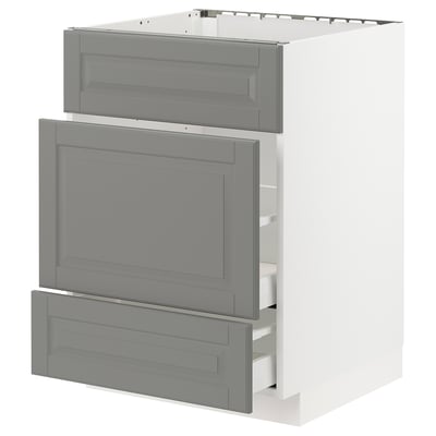 METOD Base cab f sink+3 fronts/2 drawers, white Maximera/Bodbyn grey, 60x60x80 cm