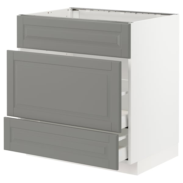 METOD Base cab f sink+3 fronts/2 drawers, white Maximera/Bodbyn grey, 80x60x80 cm