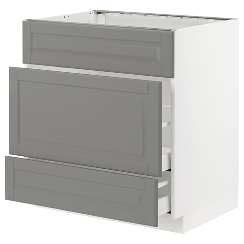 Modern grey kitchen cabinet with three drawers, flat top, sleek design, sturdy frame, soft-close drawers.