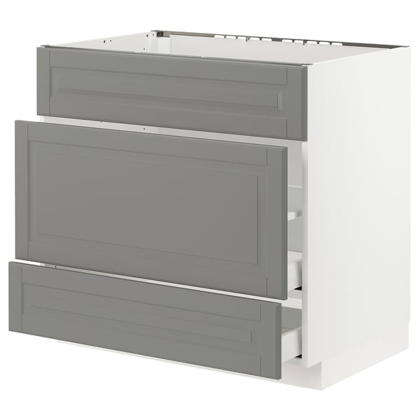 METOD Base cab f sink+3 fronts/2 drawers, white Maximera/Bodbyn grey, 90x60x80 cm