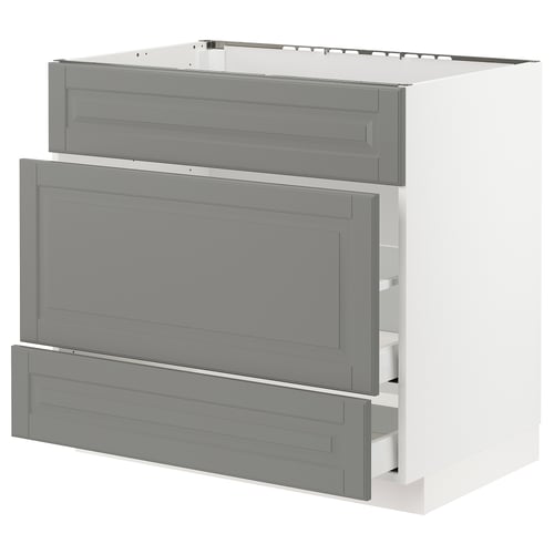 Grey METOD kitchen cabinets with drawers and adjustable shelves.
