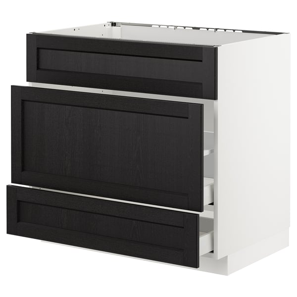 METOD Base cab f sink+3 fronts/2 drawers, white Maximera/Lerhyttan black stained, 90x60x80 cm