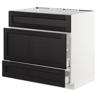 METOD kitchen unit, black stained, 3 drawers, white frame, bevelled edges, full-extension drawers.