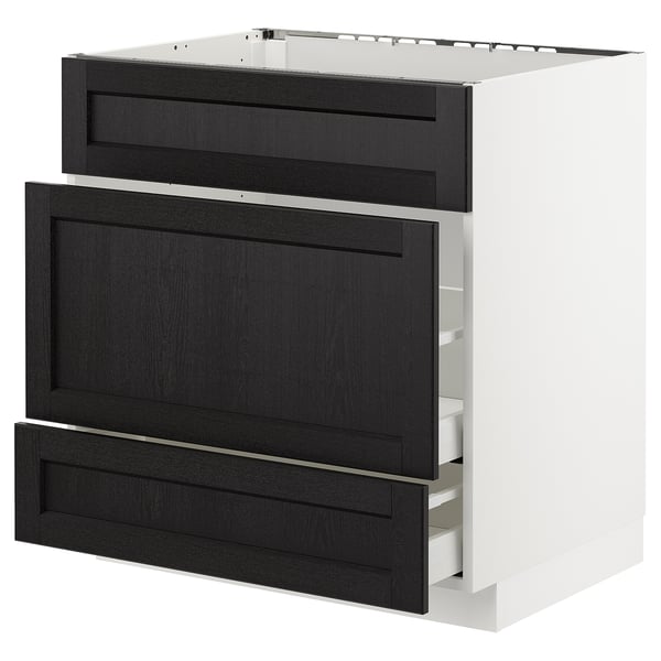 METOD Base cab f sink+3 fronts/2 drawers, white Maximera/Lerhyttan black stained, 80x60x80 cm