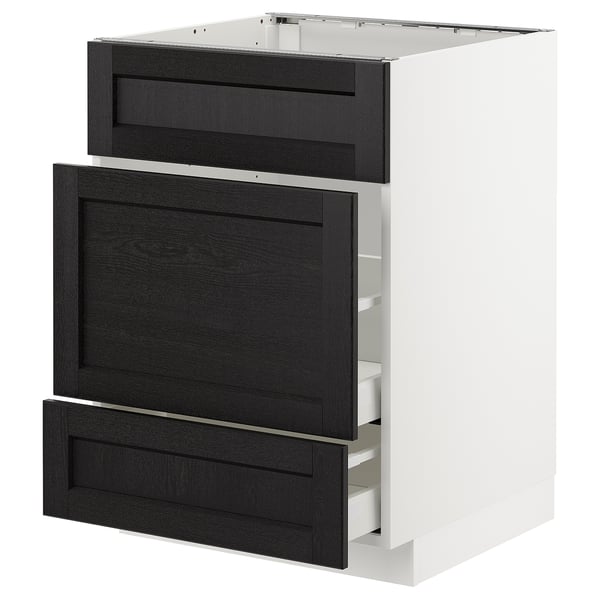 METOD Base cab f sink+3 fronts/2 drawers, white Maximera/Lerhyttan black stained, 60x60x80 cm
