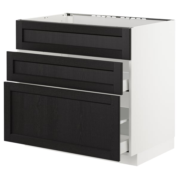 METOD Base cab f sink+3 fronts/2 drawers, white Maximera/Lerhyttan black stained, 90x60x80 cm
