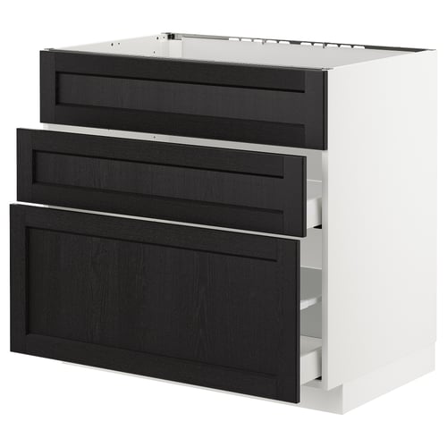 This image shows a modern kitchen cabinet set from the METOD system with dark-stained wooden drawers and white frames.