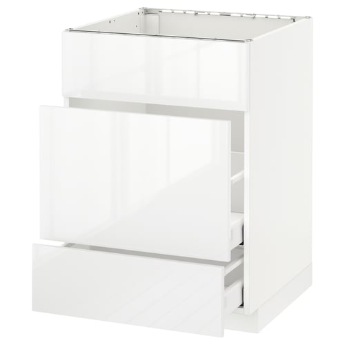 A high gloss white METOD kitchen cabinet with a drawer.
