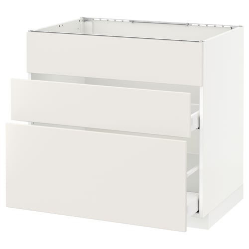 A white METOD kitchen cabinet with veddinge smooth fronts featuring two drawers. The cabinet is sleek and modern with horizontal lines.