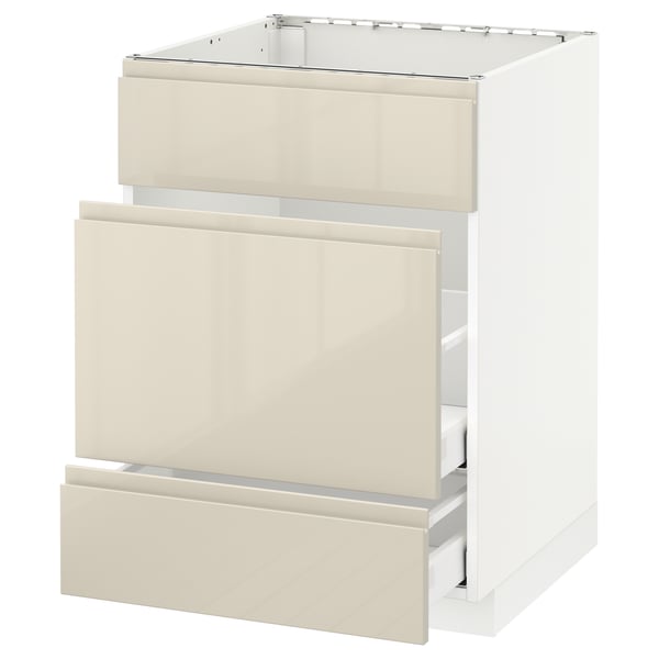 METOD Base cab f sink+3 fronts/2 drawers, white Maximera/Voxtorp high-gloss light beige, 60x60x80 cm