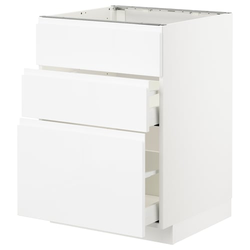 A white METOD kitchen cabinet with drawers, sleek design, high gloss finish.