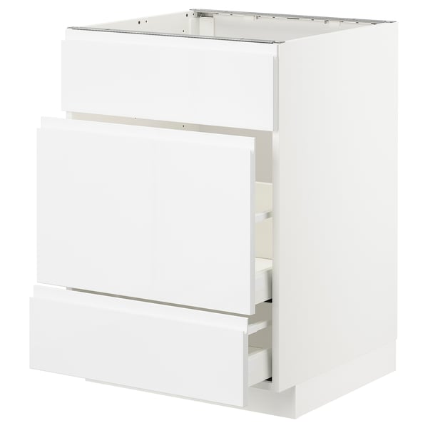 METOD Base cab f sink+3 fronts/2 drawers, white Maximera/Voxtorp high-gloss/white, 60x60x80 cm