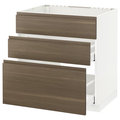 METOD Base cab f sink+3 fronts/2 drawers, white Maximera/Voxtorp walnut, 80x60x80 cm