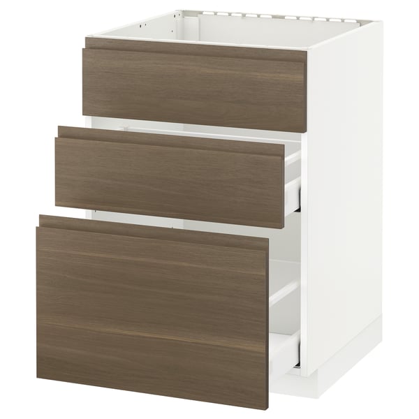 METOD Base cab f sink+3 fronts/2 drawers, white Maximera/Voxtorp walnut, 60x60x80 cm