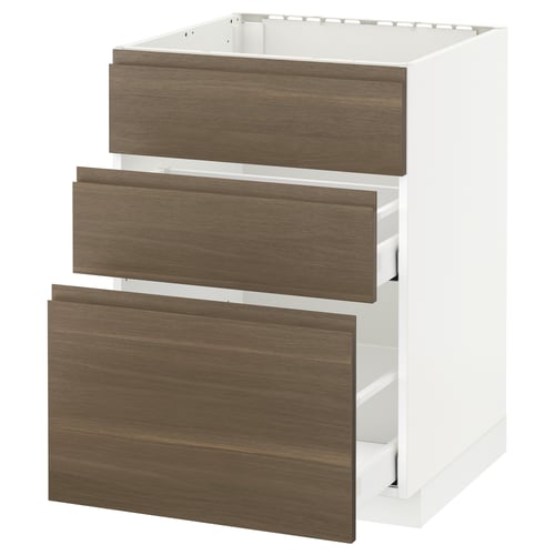 White kitchen cabinet with three dark walnut drawers.