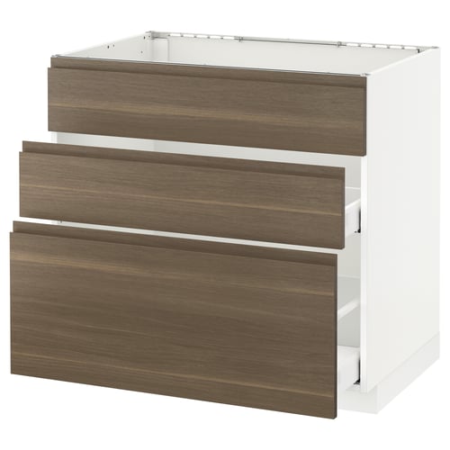 White ikea METOD kitchen unit with dark walnut drawers.